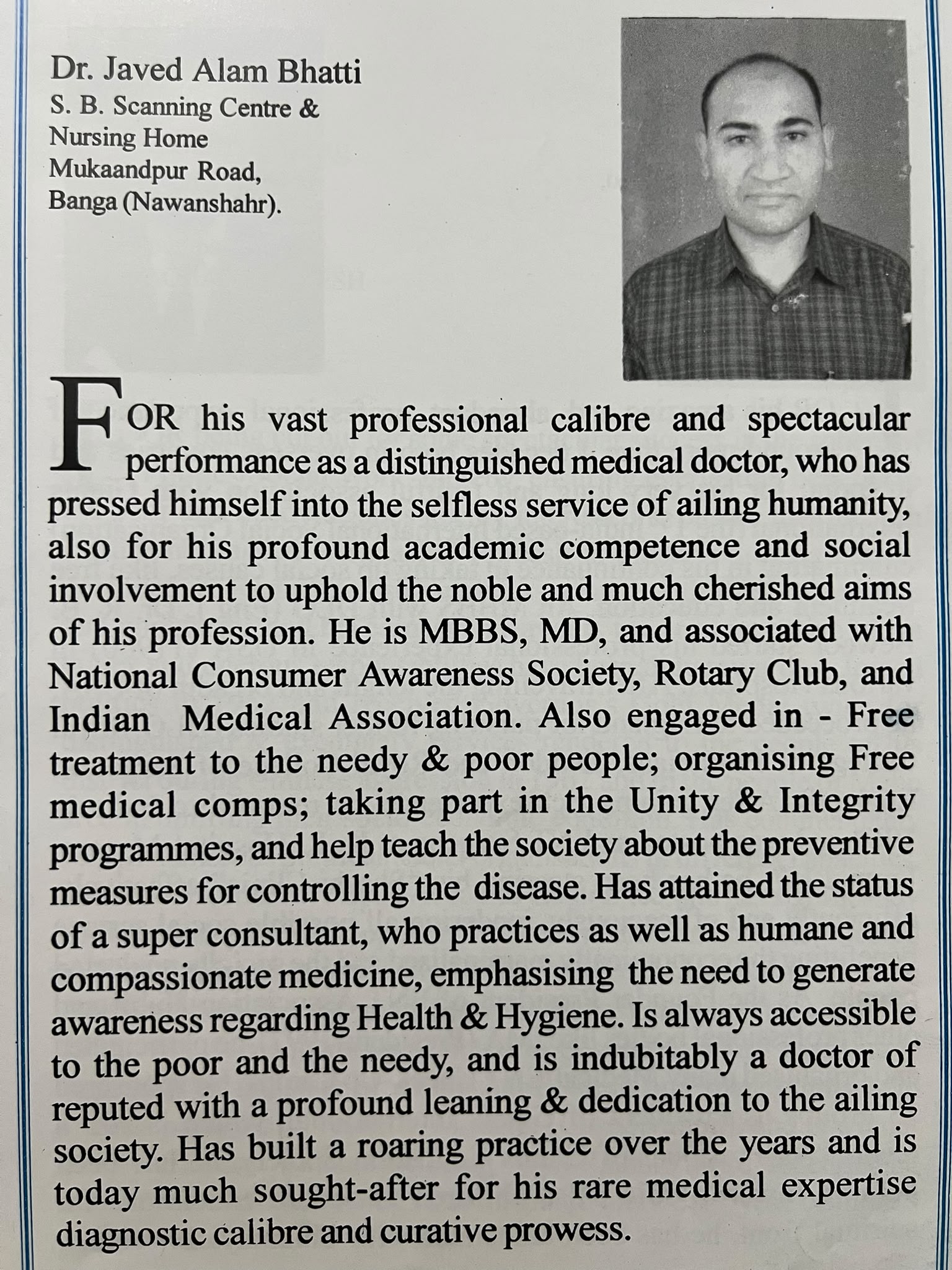 Best Citizen profile write-up for Dr. Javed Alam Bhatti