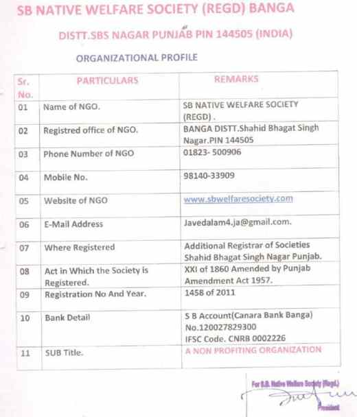 Organization profile document for SB Native Welfare Society