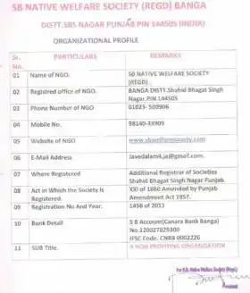 Organization profile document for SB Native Welfare Society