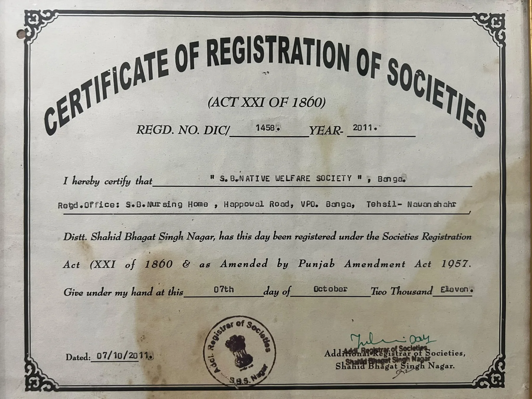 Original 2011 society registration certificate